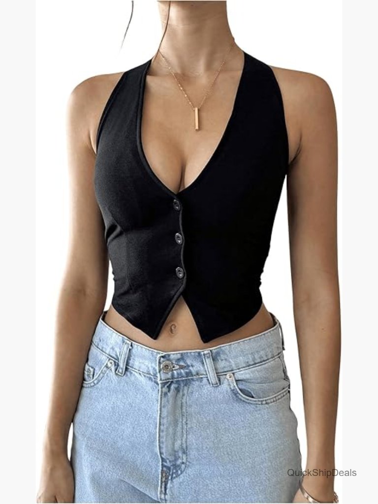 Cropped Vest Top Backless Halter Button Down Tank Top
